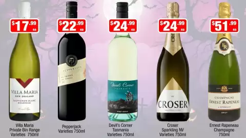 Liquor Stax catalogue Page 7: Devil's Corner Tasmania Varieties €24,99, Villa Maria Private Bin Range Varieties €17,99