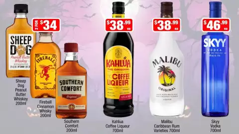 Liquor Stax catalogue Page 8: Kahlua Coffee Liqueur €38,99, Malibu Caribbean Rum Varieties €38,99
