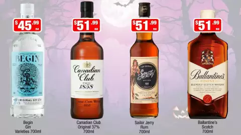Liquor Stax catalogue Page 9: Begin Gin Varieties €45,99, Canadian Club Original €51,99