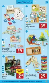 ALDI folder week 45 Pagina 35: Houten cijfer- of letterspel €4,99, Toy Lino Stapelbaar houten speelgoed €3,99