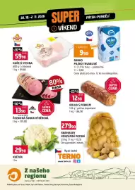 Terno leták Strana 1: ROLKA S PÁRKEM 149 g pečivo dopečené €12,90, KUŘECÍ STEHNA 600 g chlazená €59,90