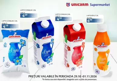 Catalog Unicarm Pagină 1: ✓ unicarm Supermarket LAPTE CONSUM 3.5% lei/buc cutie 1L LAPTE CONSUM 1.5% punga 1L 419 lei/buc