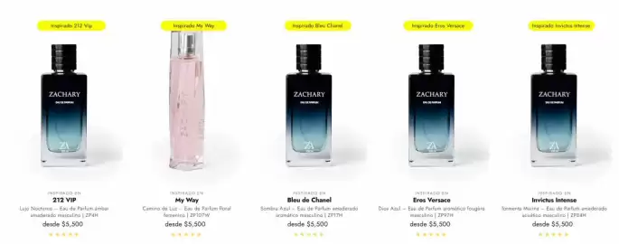 Catálogo Zachary Perfumes Página 4: Inspirado en 2 212 vip €5.500,00, Camino de luz - eau de parfum floral femenino €5.500,00