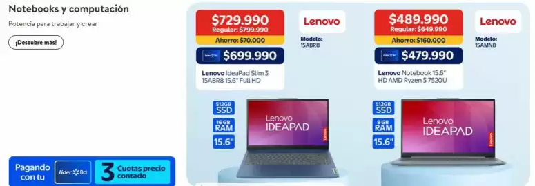 Catálogo Lider Express Página 5: Lenovo - ideapad slim 3 15abr8 15.6 full hd €729.990,00
