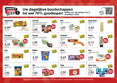 Budget Food folder week 44 Pagina 1: Twix €1,89, Kerrygold Roomkaas Naturel of Roomkaas Sweet Pepper & Chili €0,35