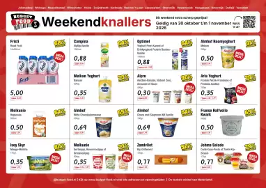 Budget Food folder Pagina 1: Isey Skyr Mango-Matcha €0,35, Almhof Witte Chocolademousse €0,69