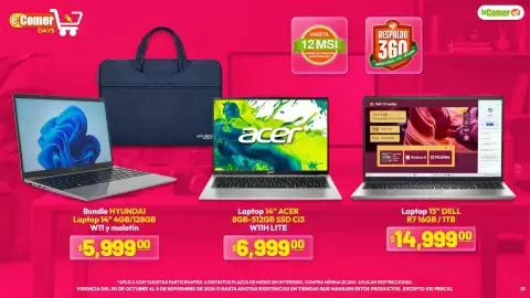 Folleto La Comer semana 44 Página 21: Dell Laptop 15" €14.999,00, Hyundai Laptop 14" 4GB/128GB W11 y maletin €5.999,00