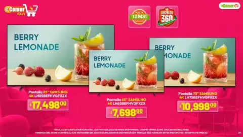 Folleto La Comer semana 44 Página 27: Samsung Pantalla 85" €17.498,00, Samsung Pantalla 75" €10.998,00