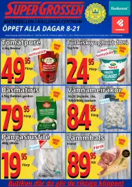 Supergrossen reklamblad vecka 45 Sida 1: Basmatiris €79,95, Pangasiusfilé €19,95