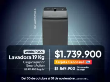 Catálogo Jumbo Página 10: Whirlpool - lavadora 19 kg carga superior smart action €1.739.900,00