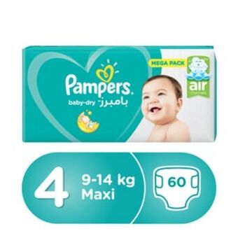 Lulu Hypermarket Pampers active baby dry diapers, size 4, maxi, 9-14kg 60pcs offer