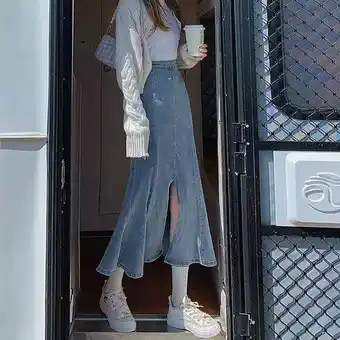Women jeans skirt korean fashion high waist fishtail slim denim skirt summer vintage bag hip slit y2k streetwear long skirts