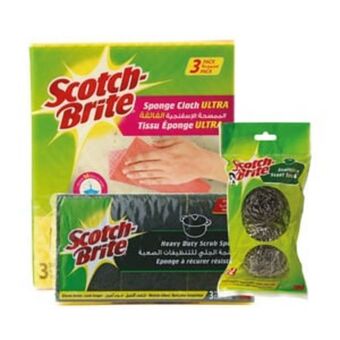 Lulu Hypermarket Scotch brite laminates 3pcs + stainless steel spiral 2pcs + sponge cloth 3pcs offer