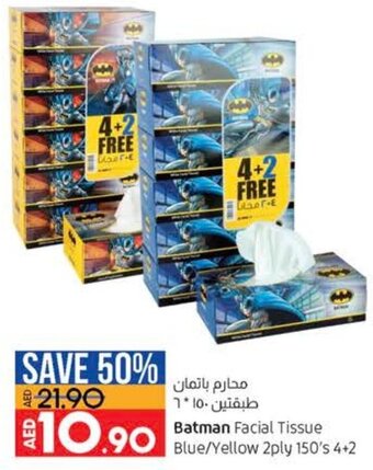 Lulu Hypermarket Batman facial tissue blue/yellow 2PLY 150's 4+2 offer