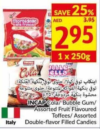 INCAP cola/bubble gum/assorted fruit flavored toffees/assorted double-flavor filled candies 1x250G