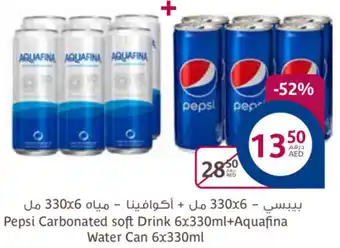 Aswaaq Pepsi carbonated soft drink 6x330ML+aquafina water can 6x330ML offer
