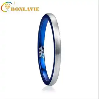 Bonlavie 2mm ring blue plated stacking tungsten carbide ring women jewelry wedding band brushed finish comfort fit size 5-10