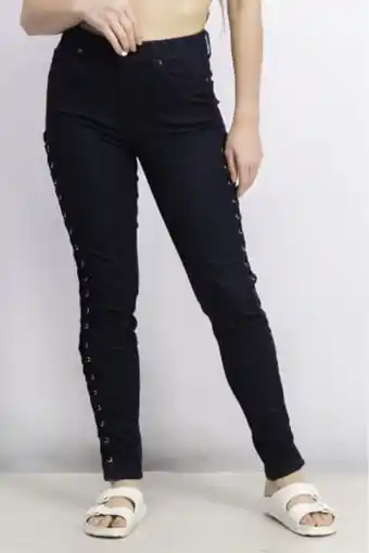 Brands For Less Women skinny fit side lace up denim jeans, navy offer