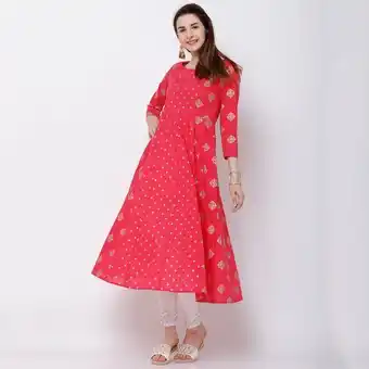 Vishudh women pink printed round neck anarkali kurta