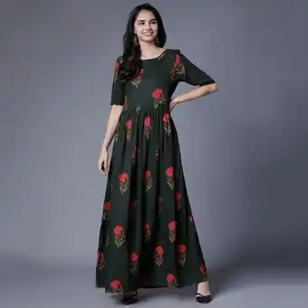 Vishudh women olive floral round neck maxi dress