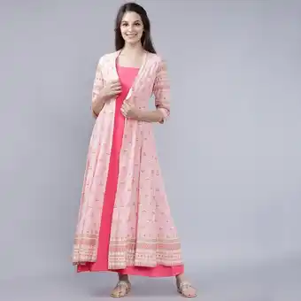 Centrepoint Vishudh women pink printed shoulder strap maxi dress with v-neck jacket offer