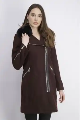 Brands For Less Women faux-fur-trim asymmetrical coat, burgundy offer