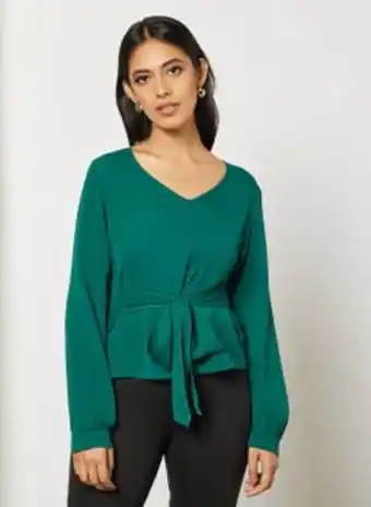 Noon Women's plain basic design casual v-neck long sleeve belt top dark green offer