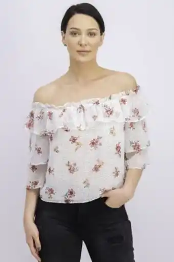 Brands For Less Women off shoulder short sleeves floral blouse, ecru offer