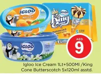 Nesto Igloo Ice Cream 1Lt+500ml/King Cone Butterscotch 5x120ml asstd offer