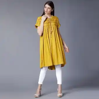 Vishudh women mustard printed pleated keyhole neck a-line kurta
