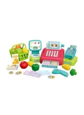 15-piece supermarket cash register pretend play set with different variety of accessories like scanner, basket, food stuff, m
