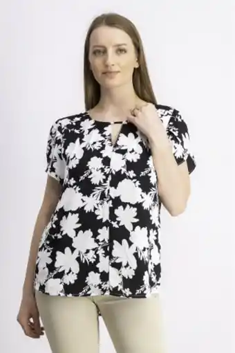 Brands For Less Women keyhole neckline short sleeve floral print top, black/white offer