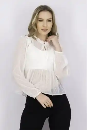 Brands For Less Women crew neck long sleeve ruffle blouse, white offer