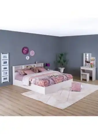 Noon Gamorah 5 pieces bed set king size + night stand + dresser and stool with mirror washed washed white 180x200cm offer