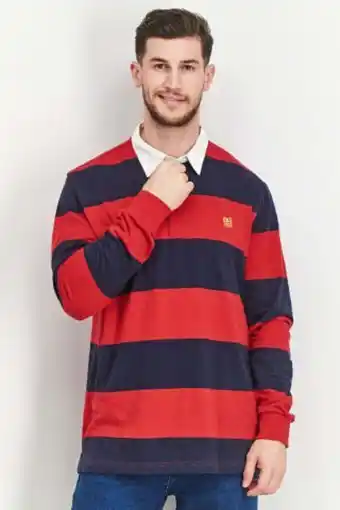 Brands For Less Men regular fit stripe long sleeve polo shirt, navy and red offer