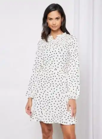 Noon Casual long sleeve mini dress with notch neck ruffle hem polka dot printed pattern white print offer