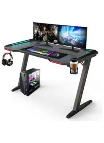 Noon Z shaped large pc computer gaming desk table with rgb led lights cup holder and headset hook offer