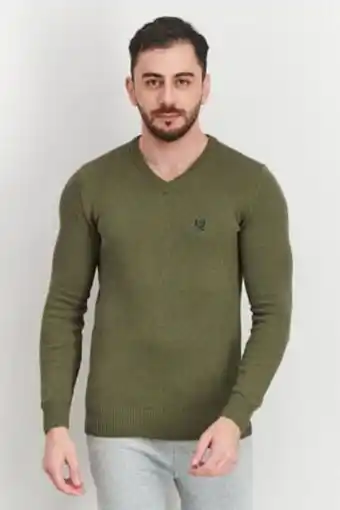 Brands For Less Men v-neckline long sleeve embroidered logo sweater, army green offer