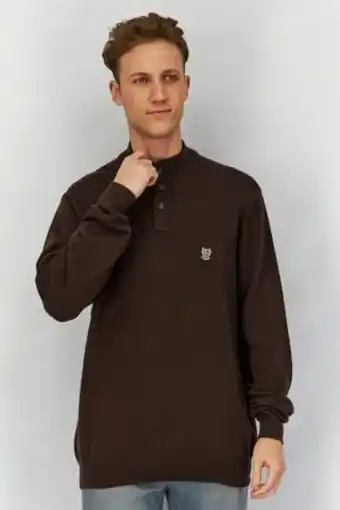 Brands For Less Men henley neckline long sleeve knitted sweater, dark brown offer