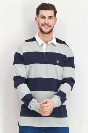 Brands For Less Men regular fit stripe long sleeve polo shirt, navy and grey combo offer