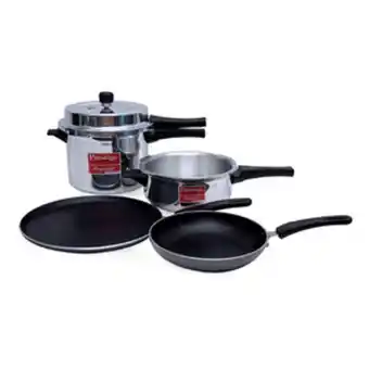 Lulu Hypermarket Prestige popular svachh aluminium pressure cooker 5ltr + cooker pan + fry pan 20cm + tawa 27.5cm offer