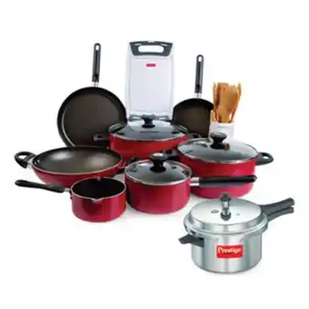 Lulu Hypermarket Prestige non stick cookware set classique 16pcs 21234 + pressure cooker 4ltr offer