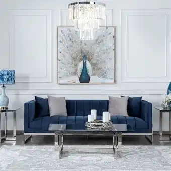 Homes R Us Dazzling 3-seater velvet upholstered sofa, blue offer