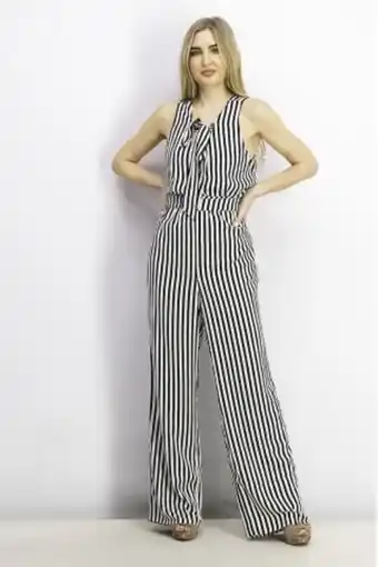 Brands For Less Women sleeveless striped jumpsuit, black and white offer