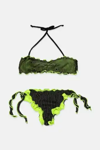 Brands For Less Kids girl 2,piece metallic ruffle detail swim bottom and hand band set, black and neon green offer