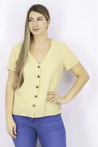 Brands For Less Women short sleeve buttons stripes shirt, white and tan offer