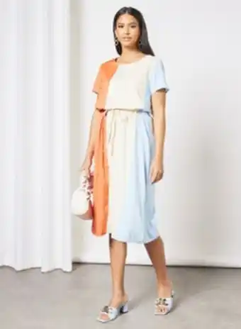 Noon Casual cap sleeve colorblock maxi knit long evening maxi dress with draw string 43 orange/white/129 blue offer