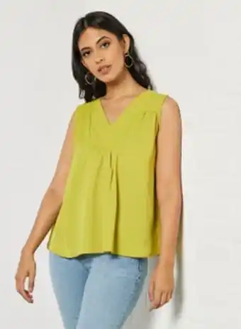 Noon Women's casual v neck sleeveless top with emphasis on the neck green offer