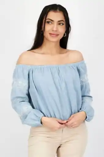 Brands For Less Women off shoulder embroidered crop top, light blue offer
