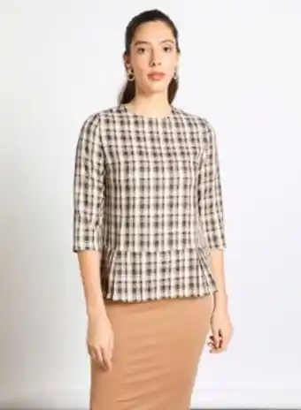 Noon Women's casual three-quarter sleeve polyester blend tops with round neck checkered pattern with back zipper multicolour offer